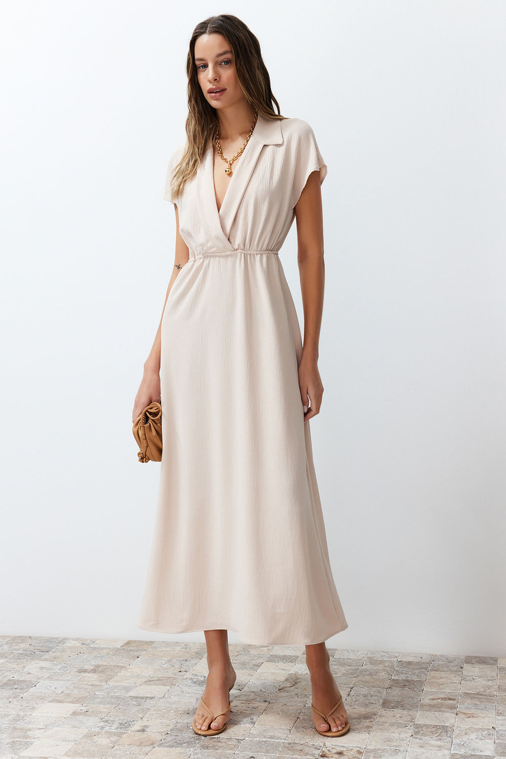 TRENDYOLMILLA Siyah A Kesim Kruvaze Yaka Aerobin Midi Dokuma Elbise TWOSS24EL00599  фото 9