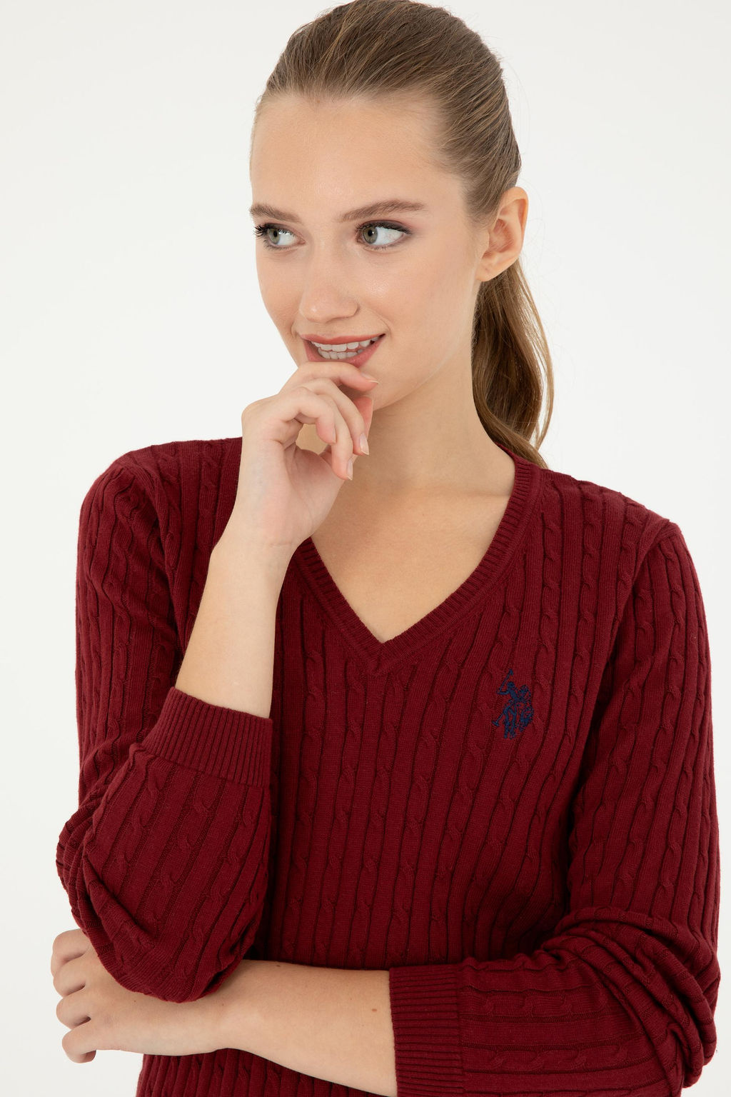 Женский бордовый базовый свитер с v-образным вырезом Неожиданная скидка в корзине - U.s. polo assn фото 2