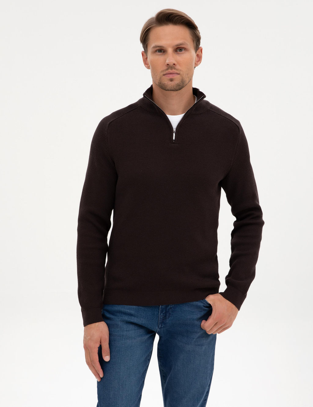 Koyu Kahverengi Slim Fit Dik Yaka Fermuarl_ Triko Kazak