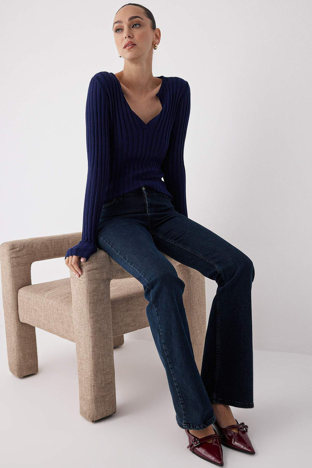 Wardrobe Essentials Lacivert Merserize Gorunumlu Fitilli Triko Kazak | TWOAW26KZ00099 - Trendyolmilla фото 2