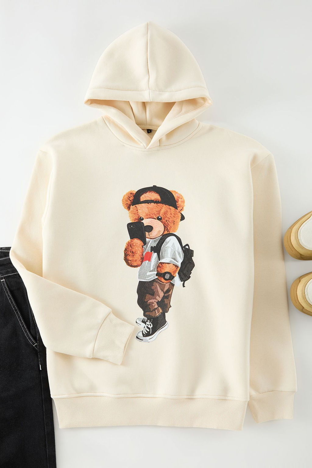 TRENDYOL MAN Lacivert Un?sex Oversize Ay?c?k Bask?l? Ici Polar/S?cak Tutan Kapusonlu Sweatshirt TMNAW25SW00210 - Trendyolmilla фото 2