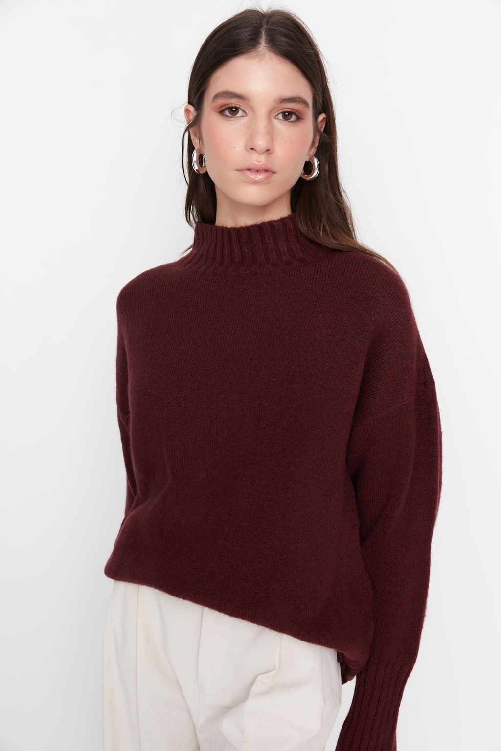 Bordo Genis Kal?p Yumusak Dokulu Basic Triko Kazak TWOAW23KZ00490 - Trendyolmilla фото 3