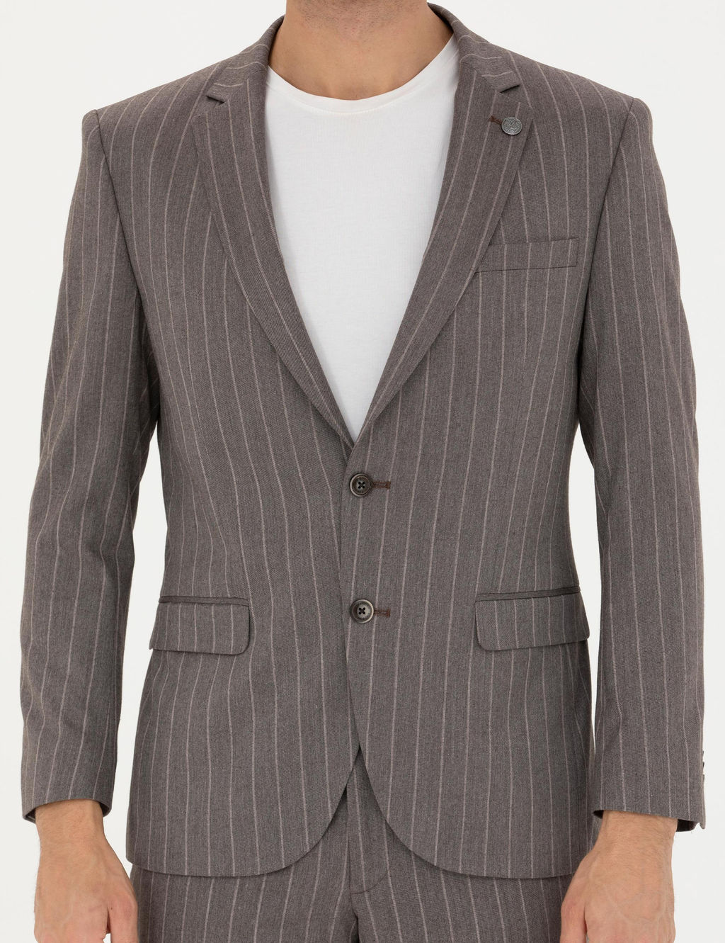 A__k Kahverengi Ex. Slim Fit _izgili Tak_m Elbise