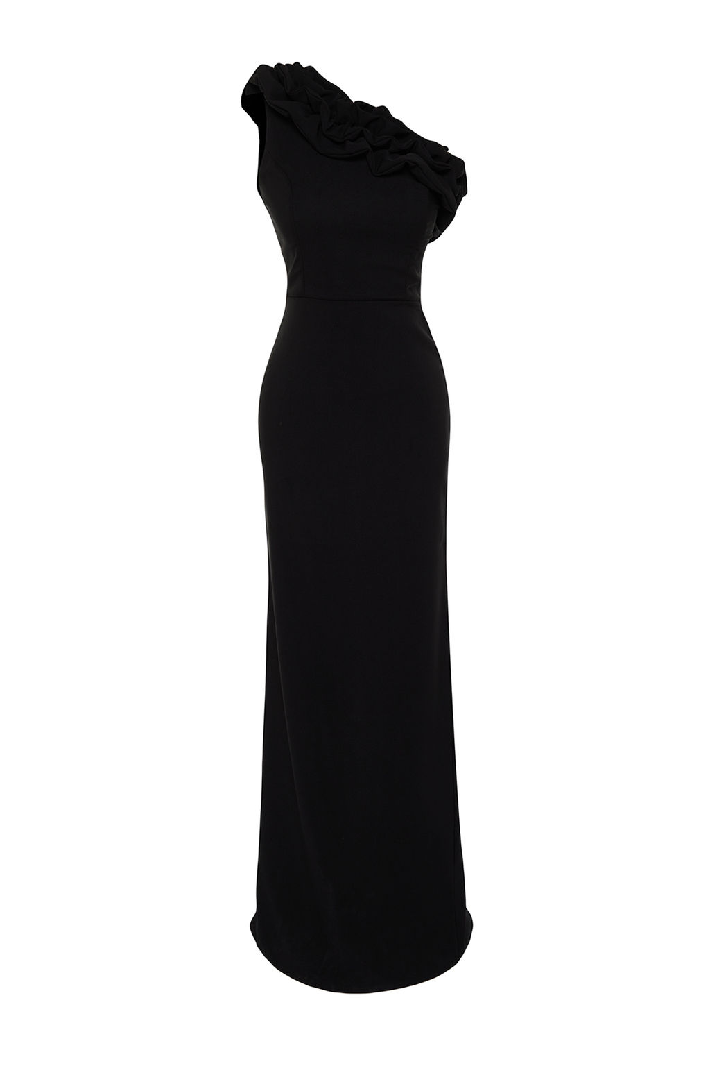 TRENDYOLMILLA Siyah Astarl? Volanl? Dokuma Uzun S?k Abiye Elbise TPRSS21AE0044  фото 7