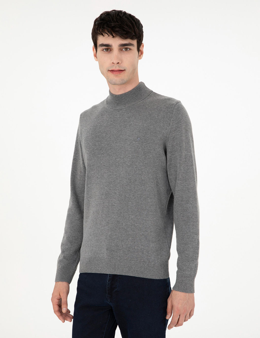 Gri Melanj Slim Fit Yar_m Bal_k__ Yaka Basic Triko Kazak - Pierre cardin фото 3