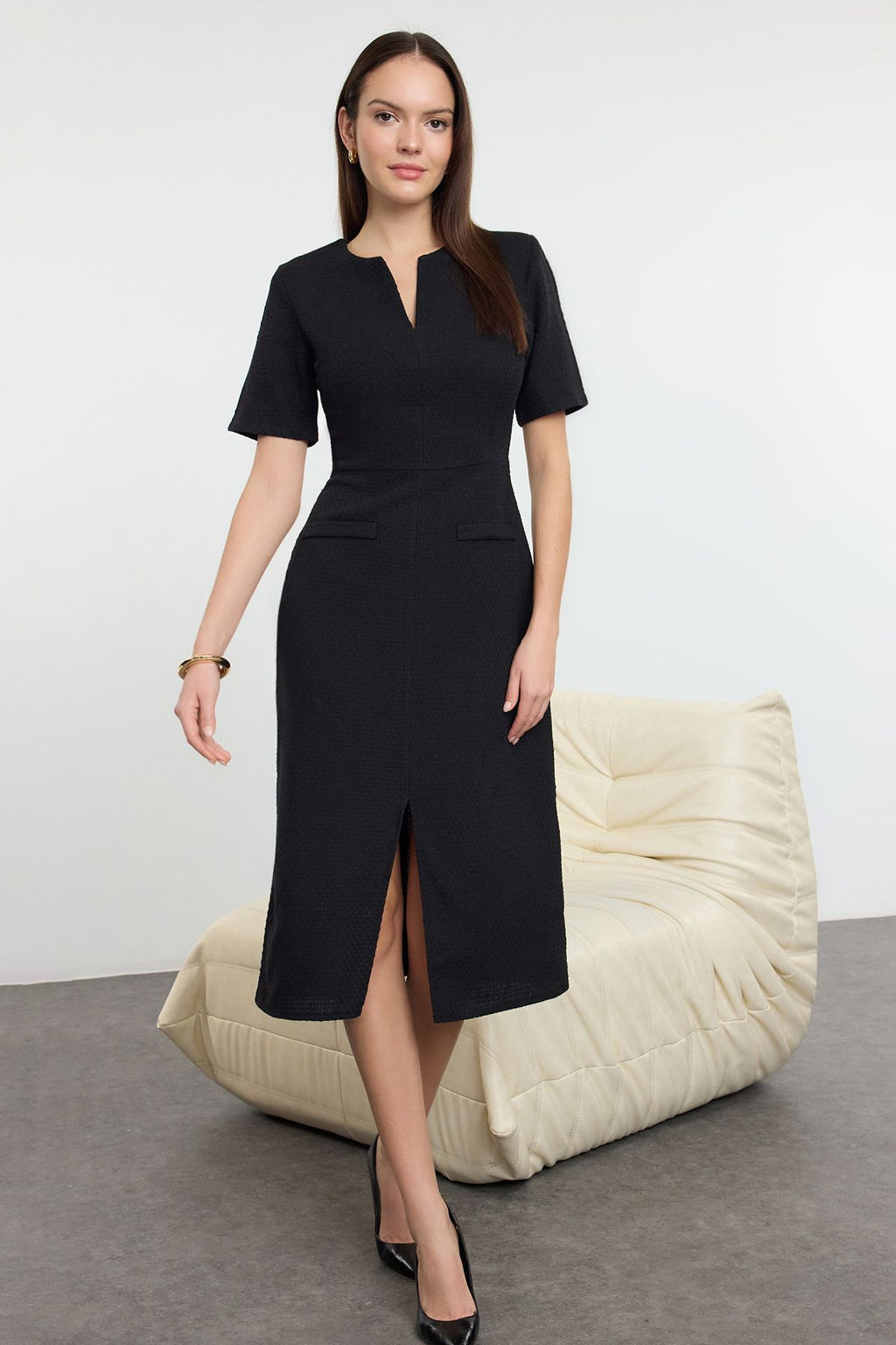 TRENDYOLMILLA Ekru Kusakl? A Kesim Tuvit Midi Dokuma Elbise TWOAW25EL00238  фото 9