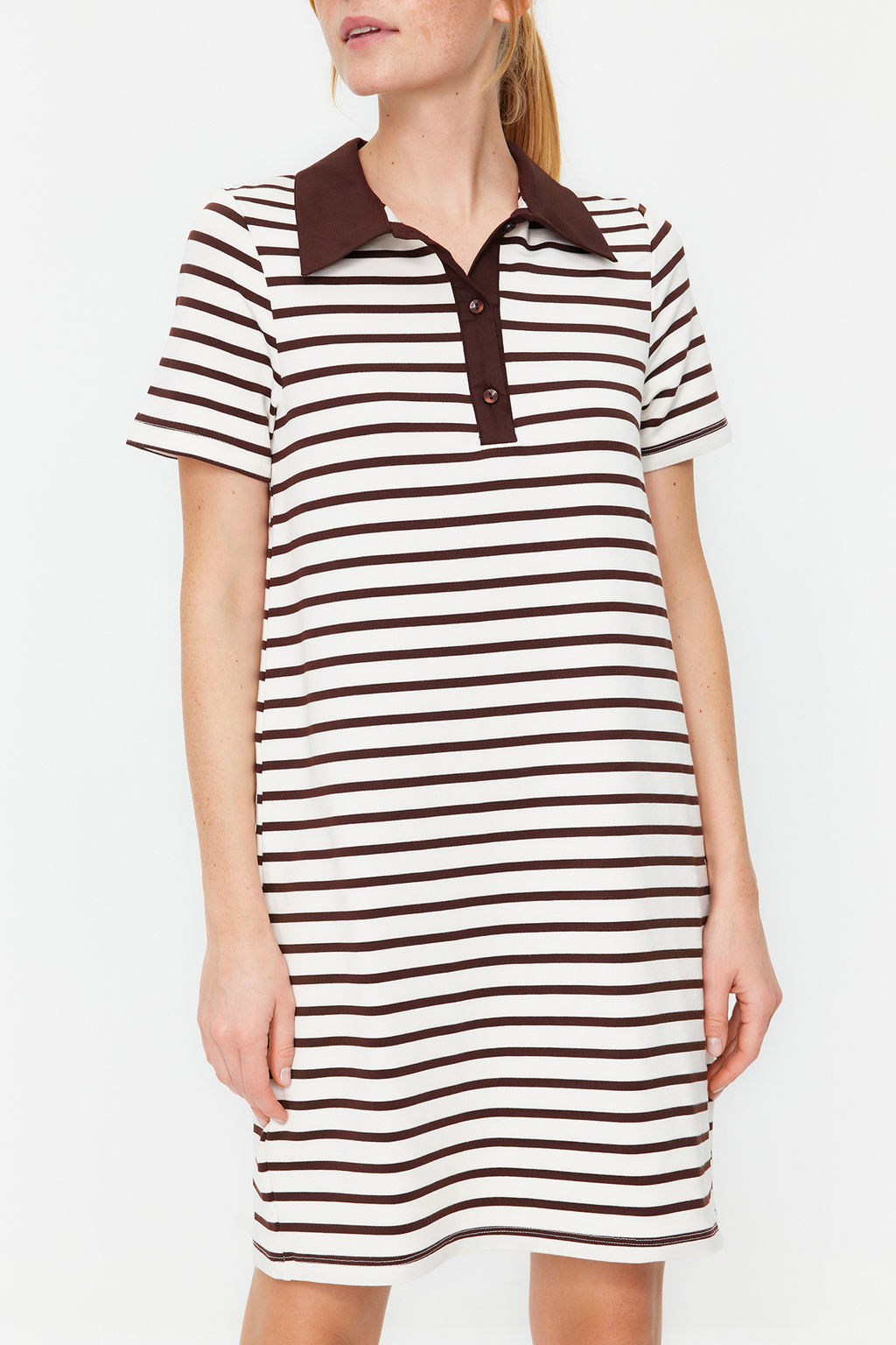 Kahverengi Beyaz Cizgili Polo Yaka A Kesim/Can Form Orme Elbise TWOSS24EL00023 - Trendyolmilla фото 4