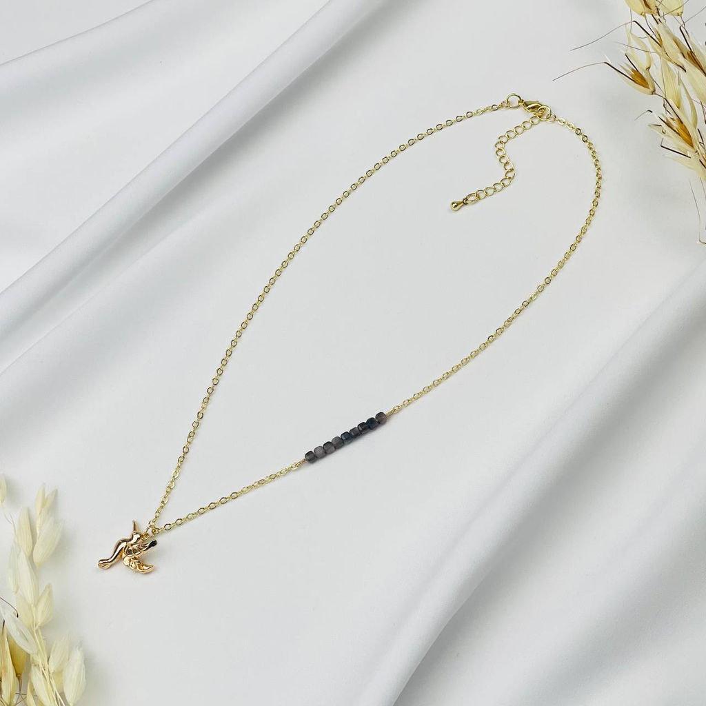 Колье на цепочке с камнем Обсидиан и подвеской "Колибри" 46 см +