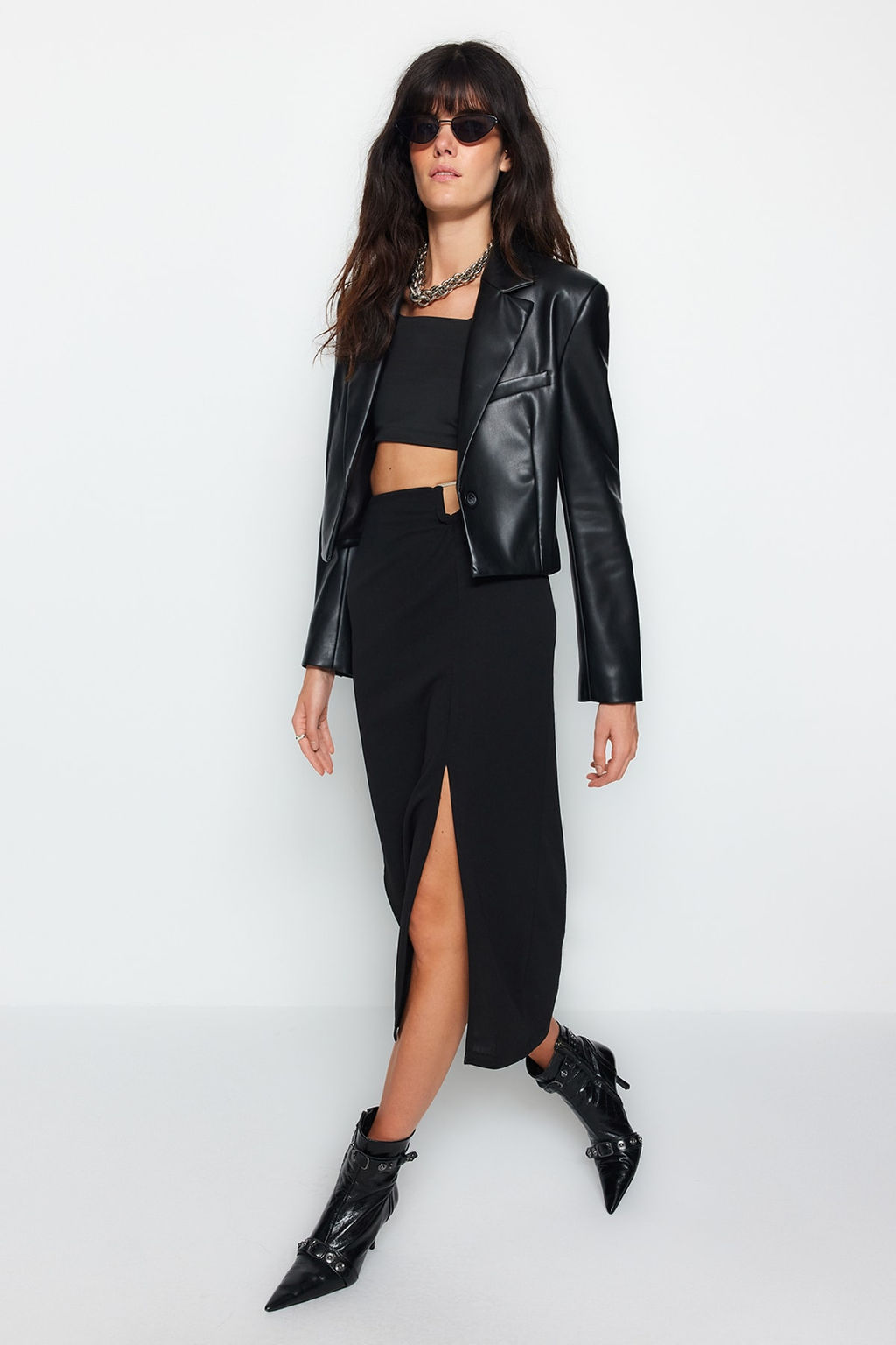 TRENDYOLMILLA Siyah Krep Tokal? Y?rtmac detayl? Maxi Yuksek Bel Esnek Orme Etek TWOAW24ET00054  фото 2