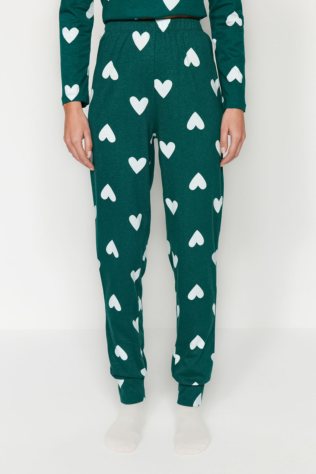 Zumrut Yesili %100 Pamuklu Kalpli Orme Pijama Tak?m? THMAW21PT0566