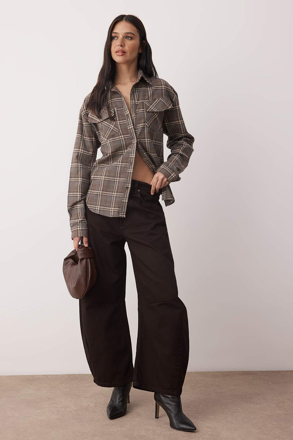 Kahverengi Ekoseli Cep Detayl? Oversize Flanel Gomlek TWOAW26GO00143