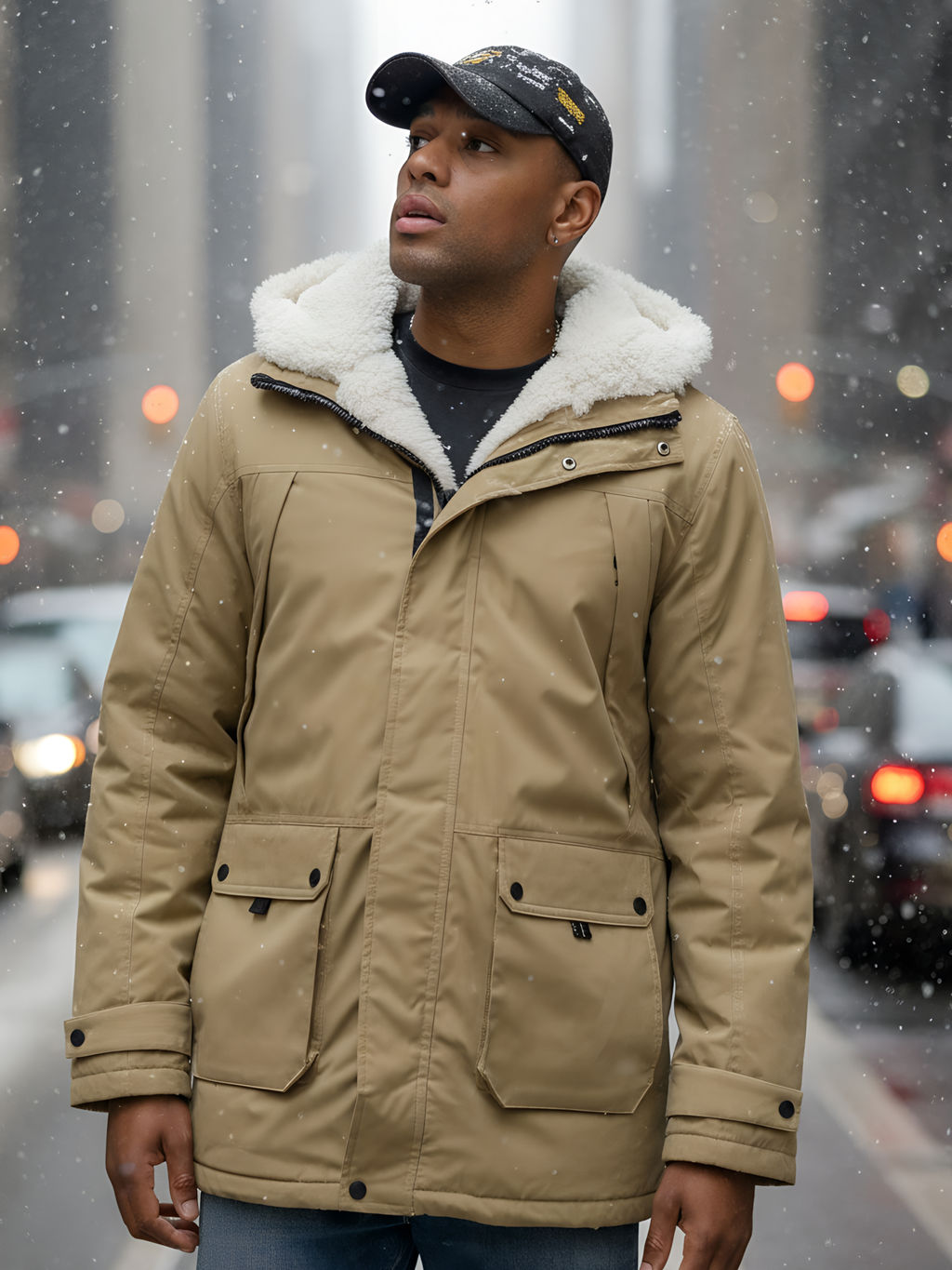 Парка мужская зимняя удлиненная с мехом хаки цвета 8753G