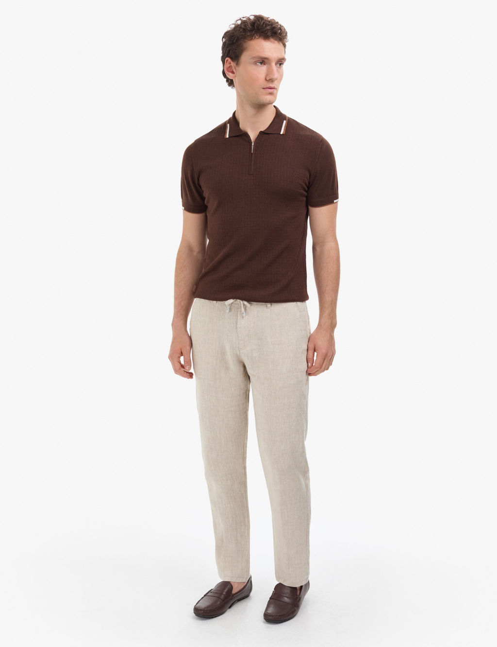Kahverengi Slim Fit Polo Yaka Fermuarl_ Triko Ti__rt