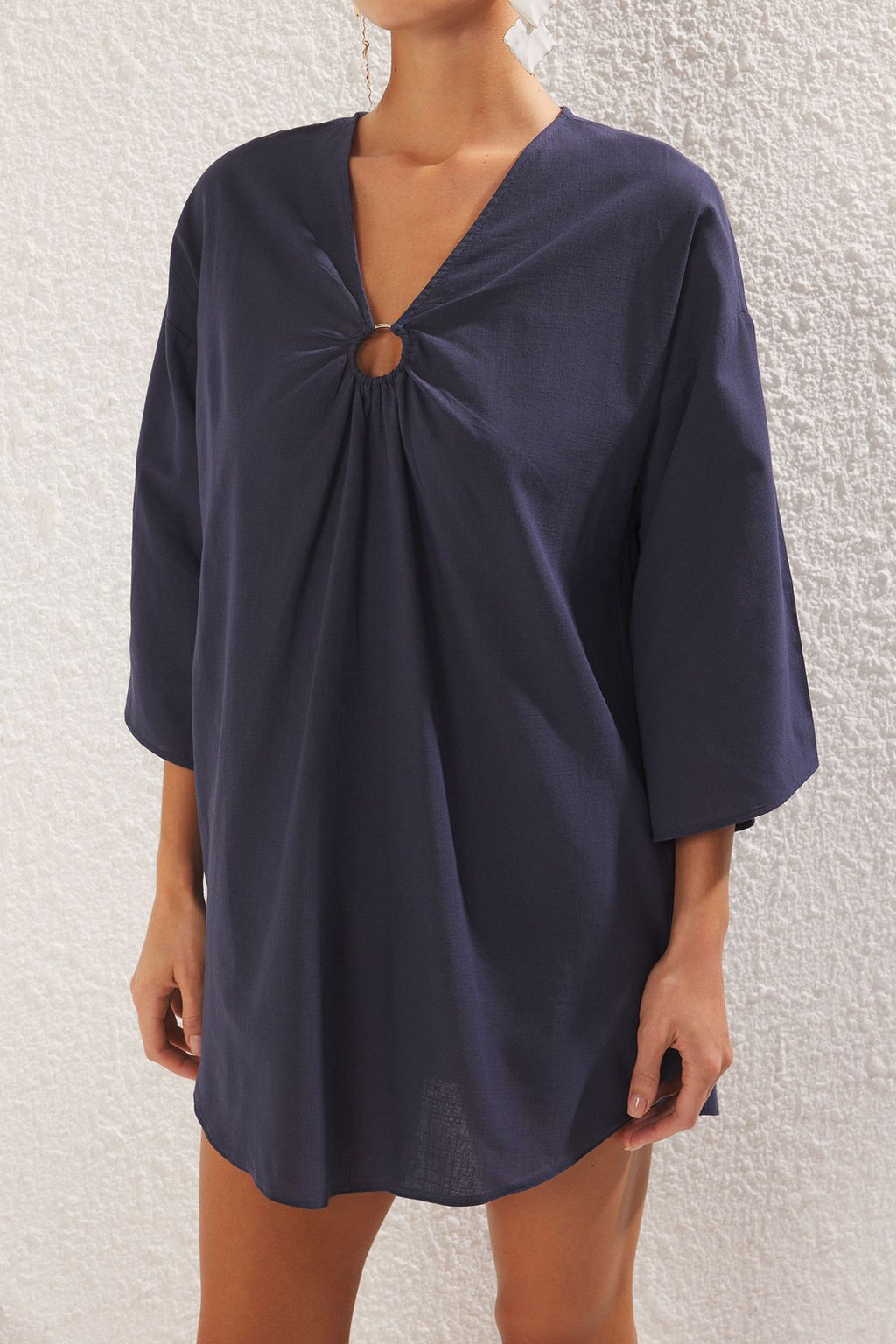 Trendyolmilla Lacivert Mini Dokuma Aksesuarl? Keten Gorunumlu Plaj Elbisesi TBESS25EL00067 фото 8