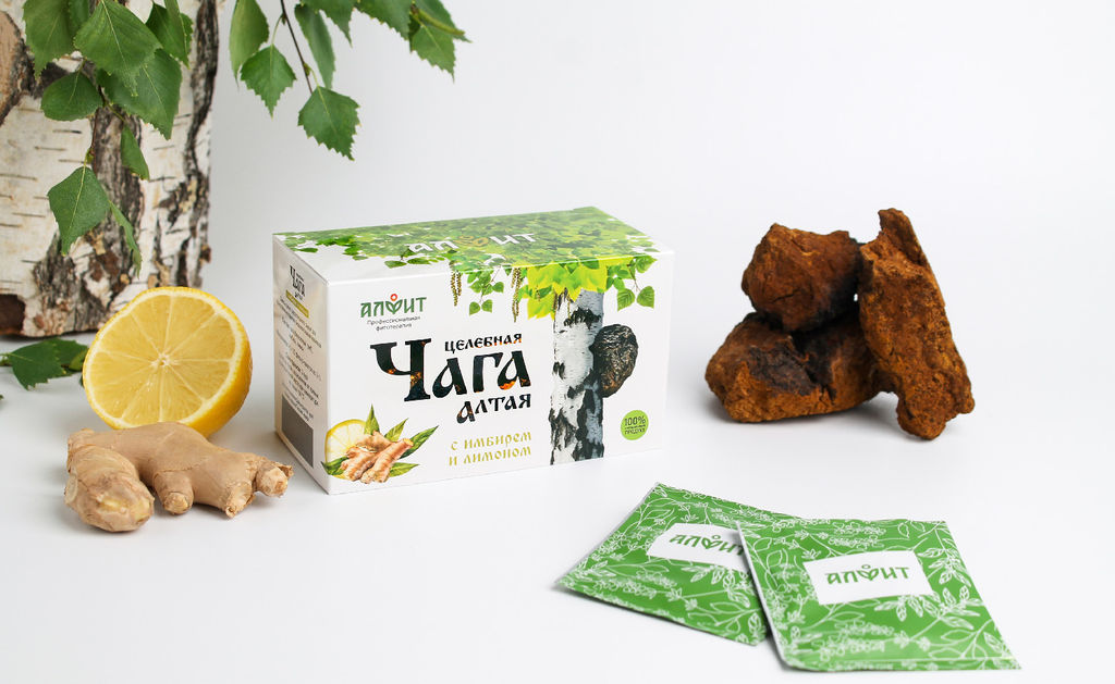 Чайный напиток целебная ЧАГА Алтая с ИМБИРЕМ и лимоном Алфит 7808