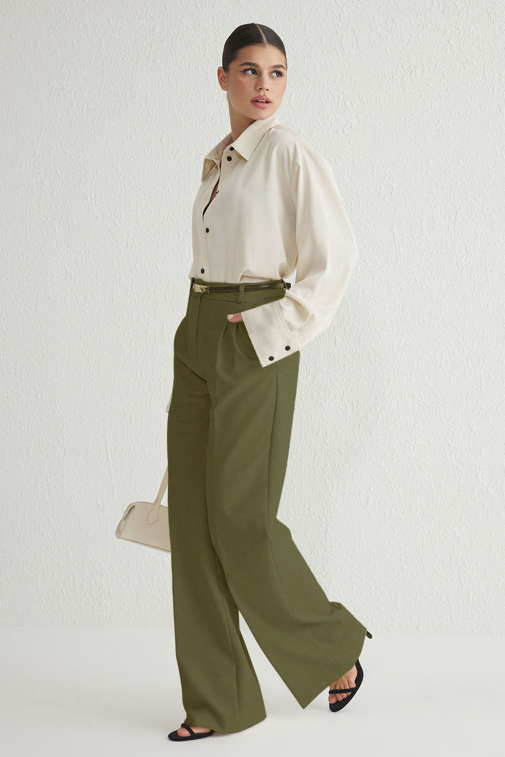 Ac?k Haki Pilili Wide Leg/Genis Paca Pantolon TWOAW25PL00109 Palazzo