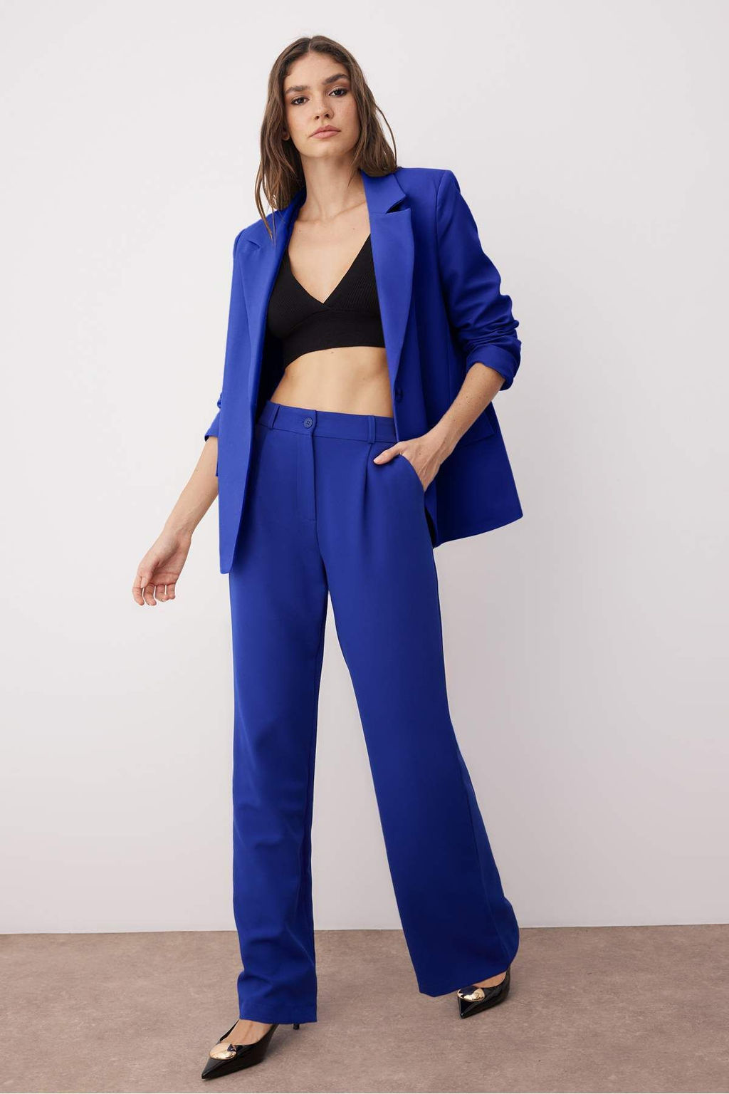 Mavi Yuksek Bel Wide Leg/Genis Paca Pilili Dokuma Kumas Pantolon TWOAW21PL0076