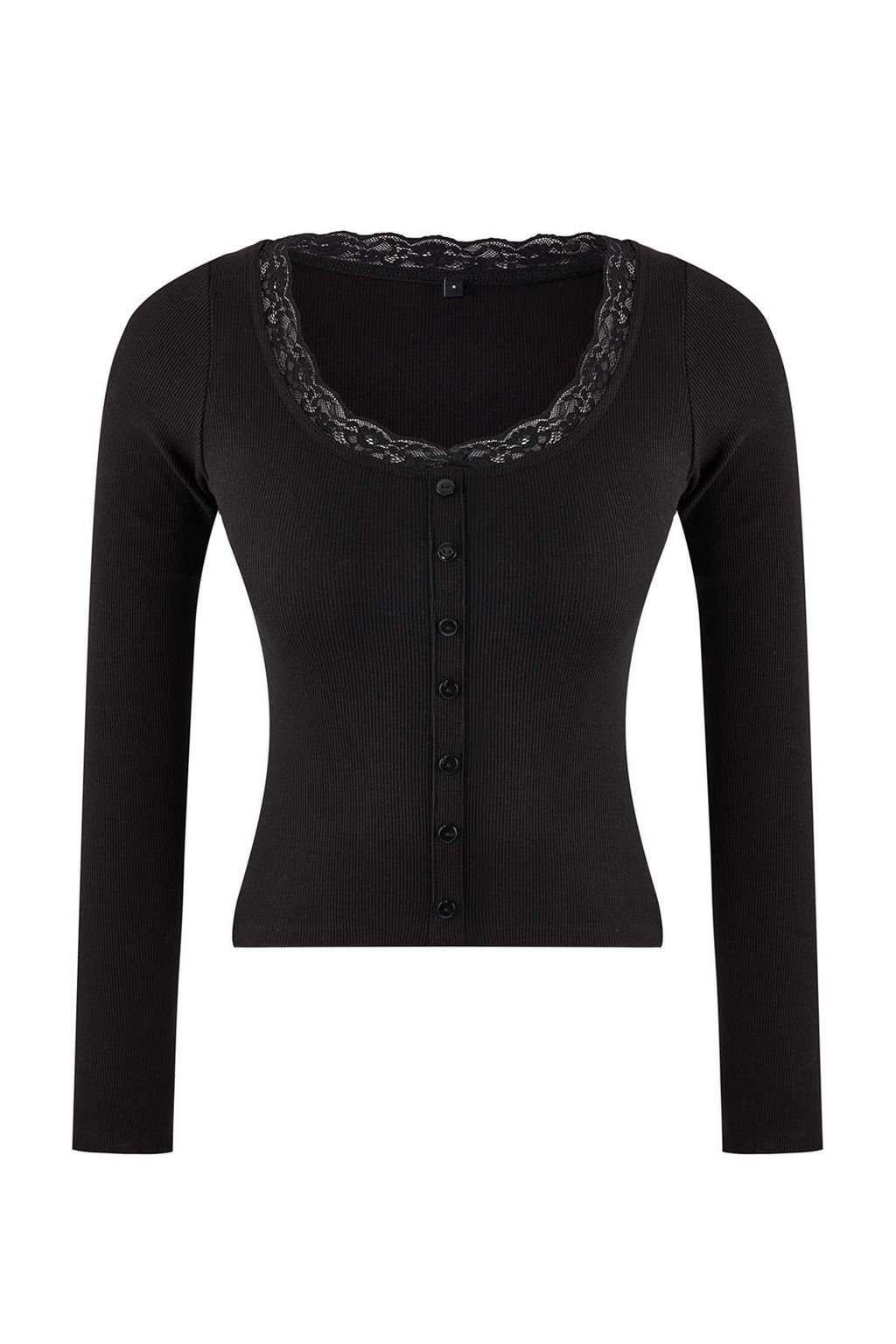 Siyah Fitted/Vucuda Oturan Havuz Yaka Dantel Detayl? Fitilli Esnek Orme Bluz TWOSS26BZ00070