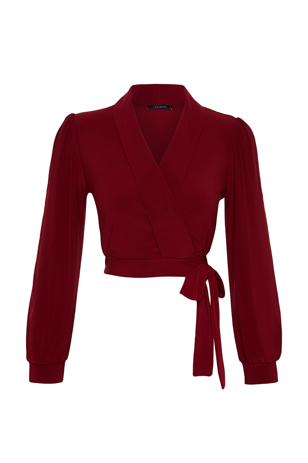 Bordo Kruvaze Kapamal? Crop Esnek Orme Bluz TWOAW24BZ00071