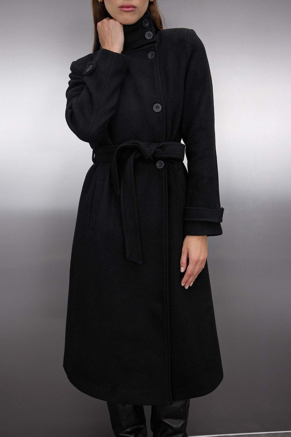 Siyah Dik Yaka Diagonel Kruvaze Regular Uzun Kase Kaban TWOAW26KB00048 - Trendyolmilla фото 5