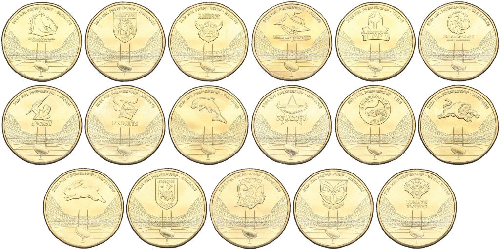 Набор из 17 монет 1 доллар 2024 года Австралия Национальная лига регби (в альбоме)