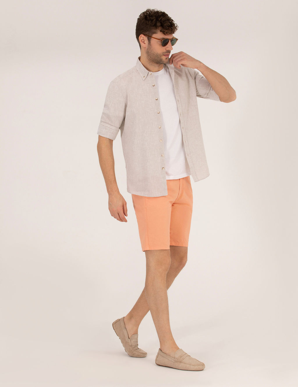 Turuncu Slim Fit Keten Kar___ml_ Beli Lastikli Bermuda _ort