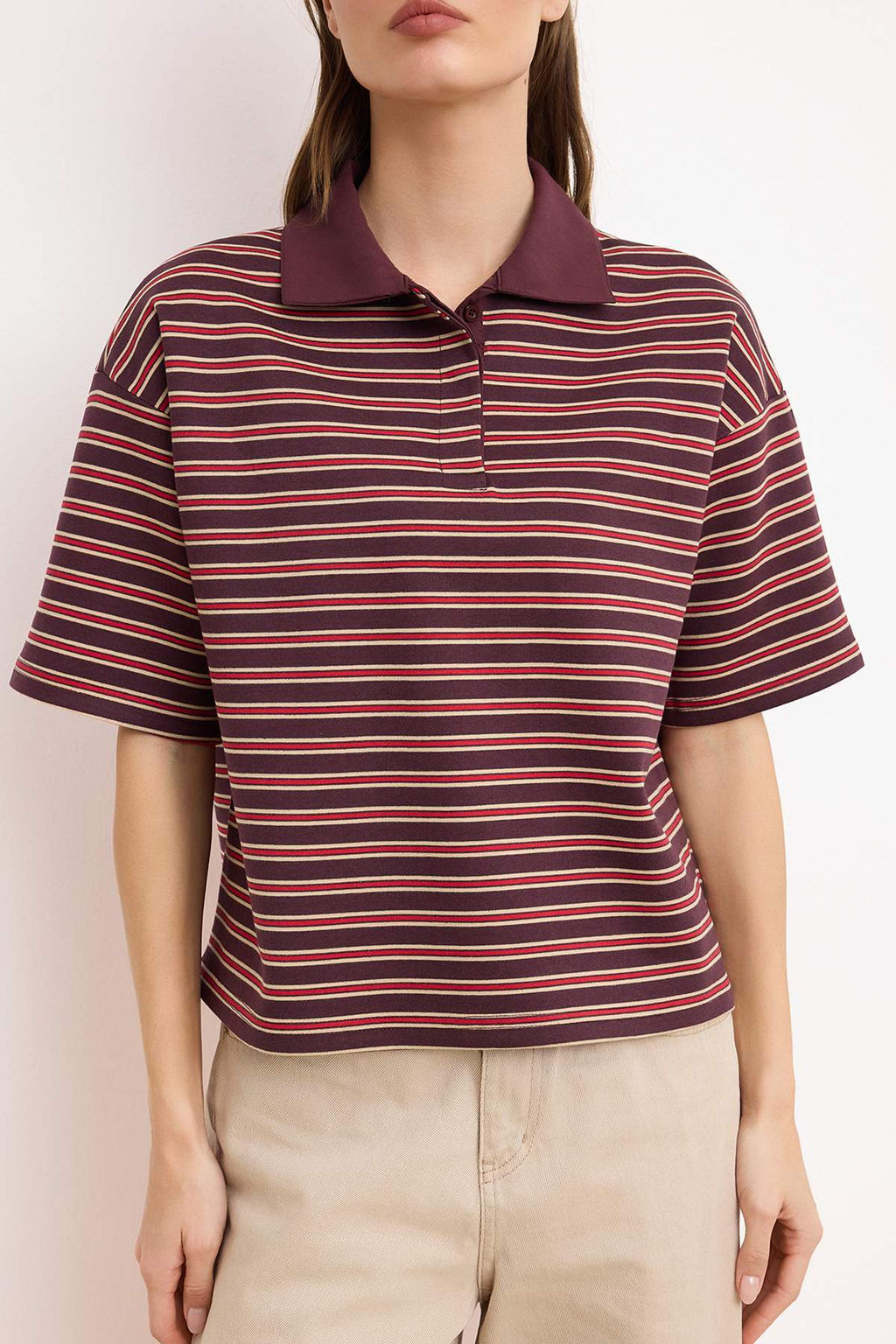 Bordo Cizgili Oversize Kal?p Polo Yaka Dokuma Detayl? Tok Interlok Orme T-Shirt TWOSS26TS00030