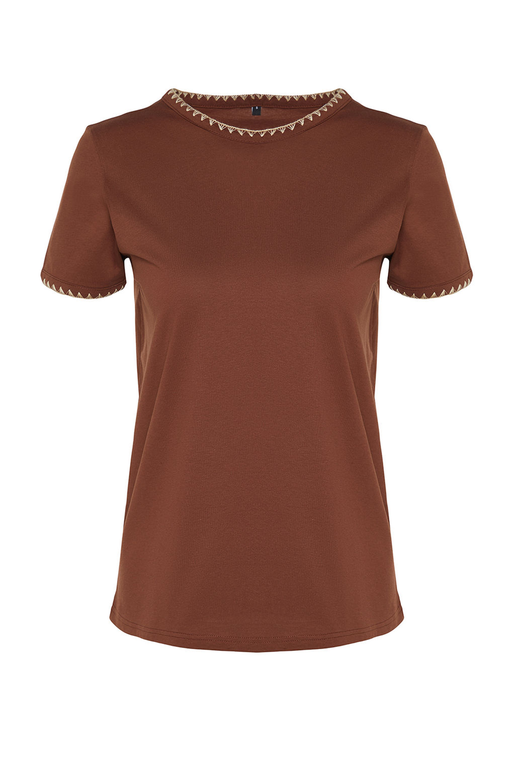 Kahverengi %100 Pamuk Kontrast Dikis Detayl? Basic Bisiklet Yaka Orme T-Shirt TWOSS19AD0085