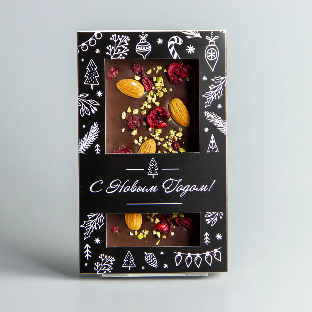 ТЁМНЫЙ ШОКОЛАД С ВИШНЕЙ, ФИСТАШКАМИ И МИНДАЛЁМ, НОВОГОДНЯЯ КОРОБОЧКА #14