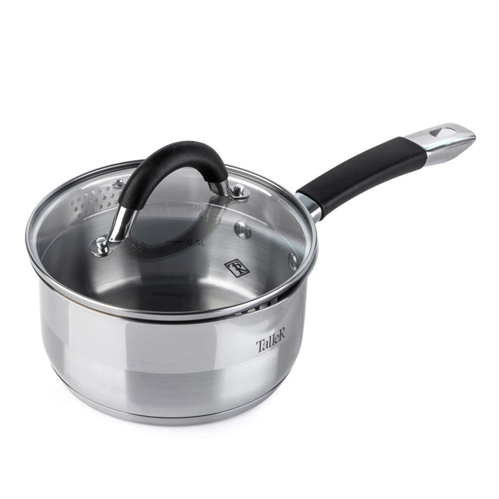 Ковш из нержавеющей стали Телфорд 1,5л, д16см, h8см, s0,6мм, дно s2,8мм, стеклянная жаропрочная крышка, широкий металлический ободок с отверстиями для слива жидкости, пароотвод, ручки из нержавеющей стали с силиконовыми вставками, капсулированное д - Домашняя мода фото 2