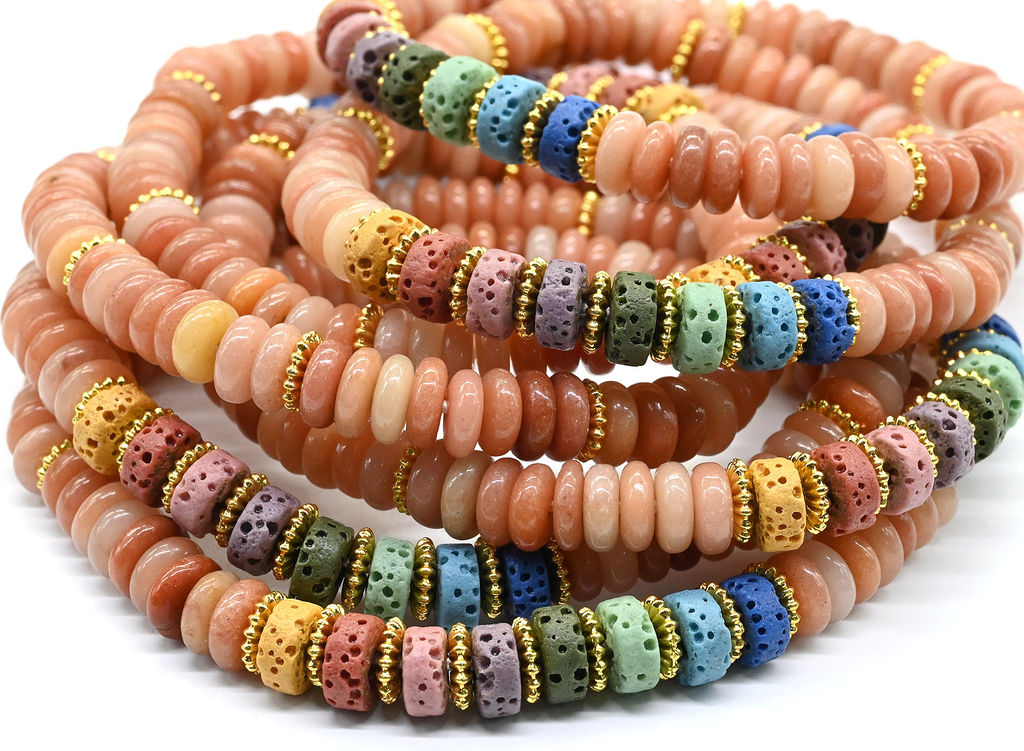 Браслет из кварца диски 6*2мм со вставками из лавы цв.сердолик, 15см