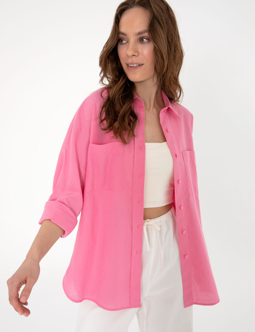 A__k Pembe Oversize Keten Kar___ml_ Uzun Kollu G_mlek