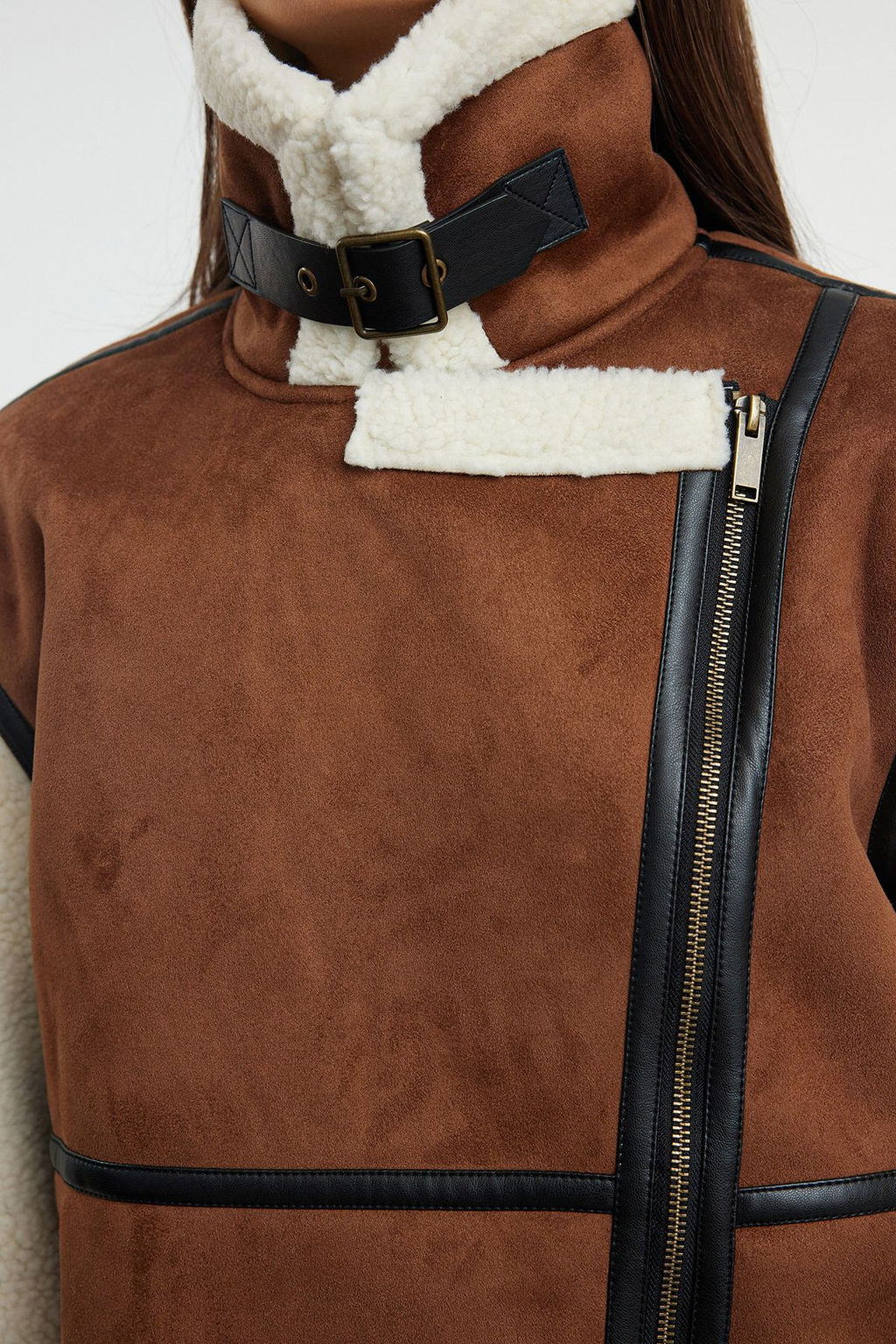 Kahverengi Regular Kal?p Pelus Detayl? Kemerli Biker Ceket Mont TWOAW25MO00049 - Trendyolmilla фото 4