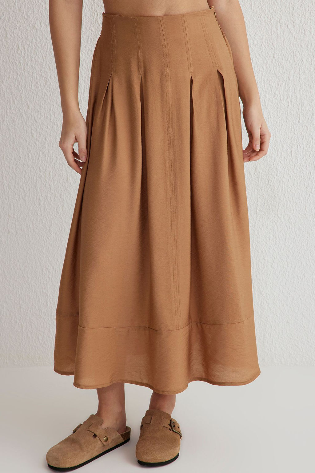 TRENDYOLMILLA Ac?k Kahverengi Dokumlu Kumas A-line Kal?p Midi Boy Dokuma Etek TWOSS25ET00072  фото 4