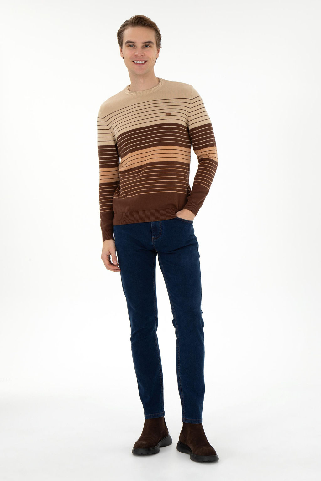 Erkek Slim Fit Bisiklet Yaka Kahverengi Kazak - U.s. polo assn фото 4