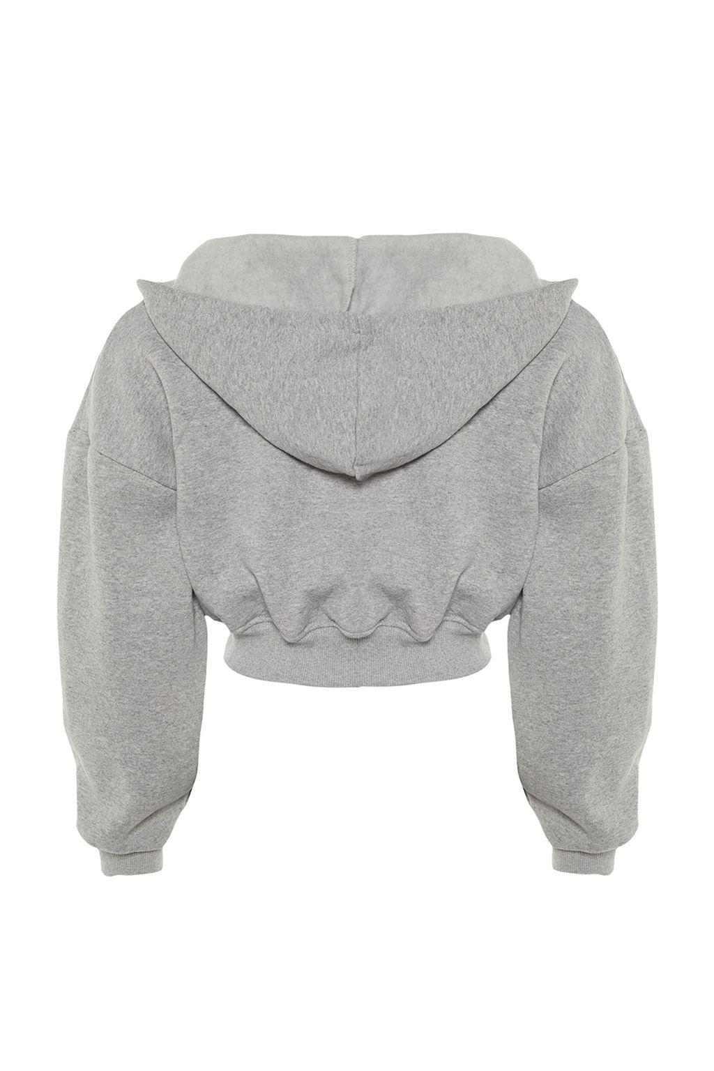 Gri Kal?n Ici Polarl? Kapusonlu V Yaka Rahat Kesim Crop Orme Sweatshirt TWOAW23SW00096