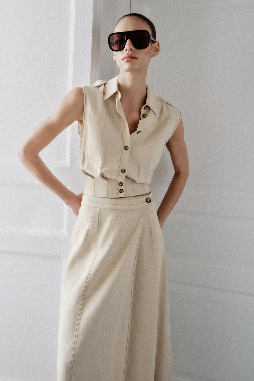 FALDA MIDI CRUZADA CON LINO / Beige claro - Zara фото 2