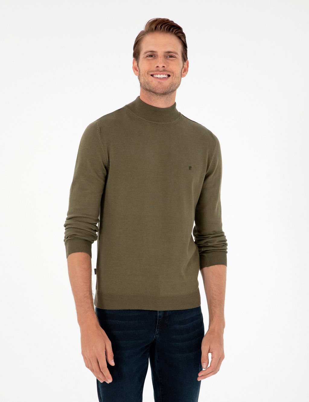 Koyu Haki Slim Fit Yar_m Bal_k__ Yaka Basic Triko Kazak