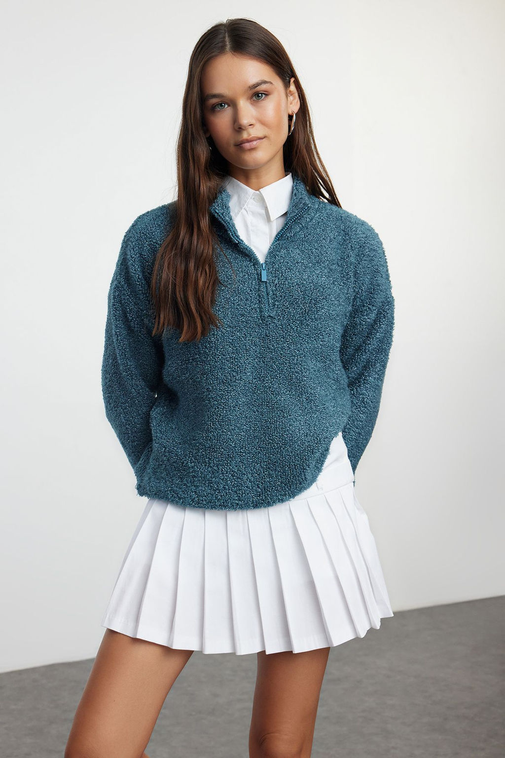 Mavi Yumusak Dokulu Iplik Fermuarl? Dik Yaka Triko Kazak TWOAW25KZ00068 - Trendyolmilla фото 2