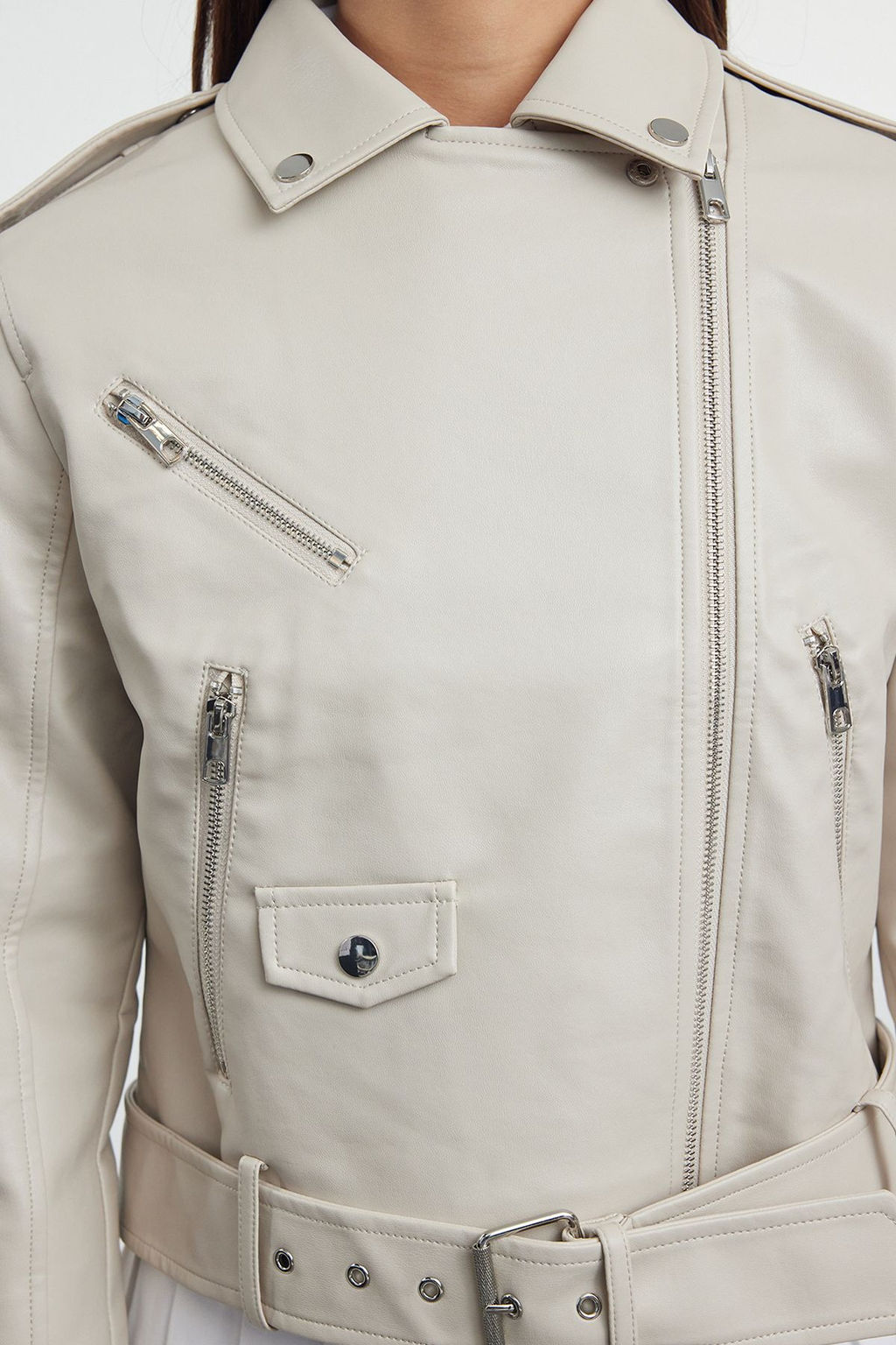 Trendyolmilla Ekru Regular Suni Deri Birker Ceket Mont TWOAW25MO00002  фото 4