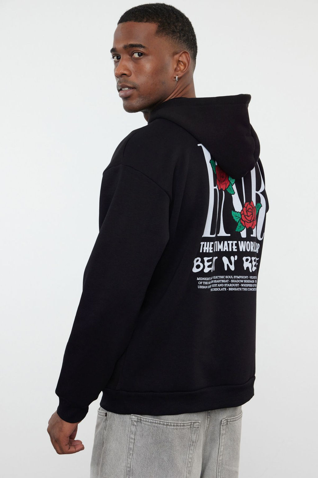 Siyah Oversize/Genis Kesim Cicek Nak?sl? Kapusonlu Ici Polar/S?cak Tutan Sweatshirt TMNAW25SW00042 - Trendyolmilla фото 2