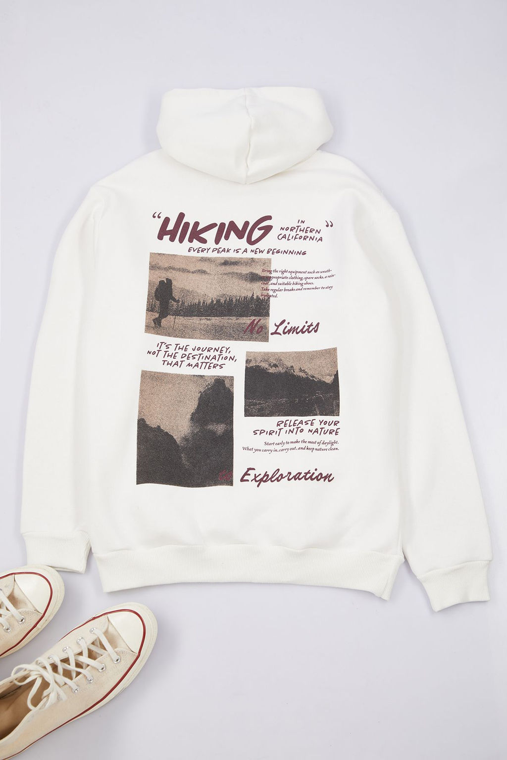 Ekru Oversize/Genis Kesim Kapusonlu S?rt Bask?l? Ici Polar/S?cak Tutan Sweatshirt TMNAW25SW00077 - Trendyolmilla фото 6