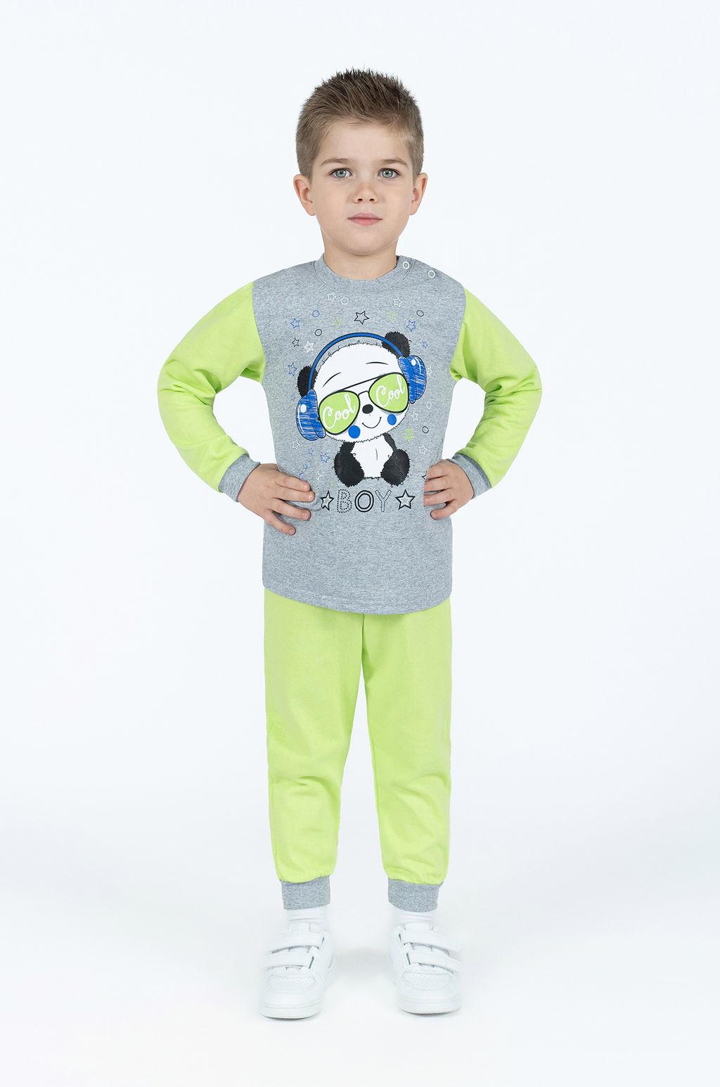 Костюм детский салатовыймеланж панда в наушниках