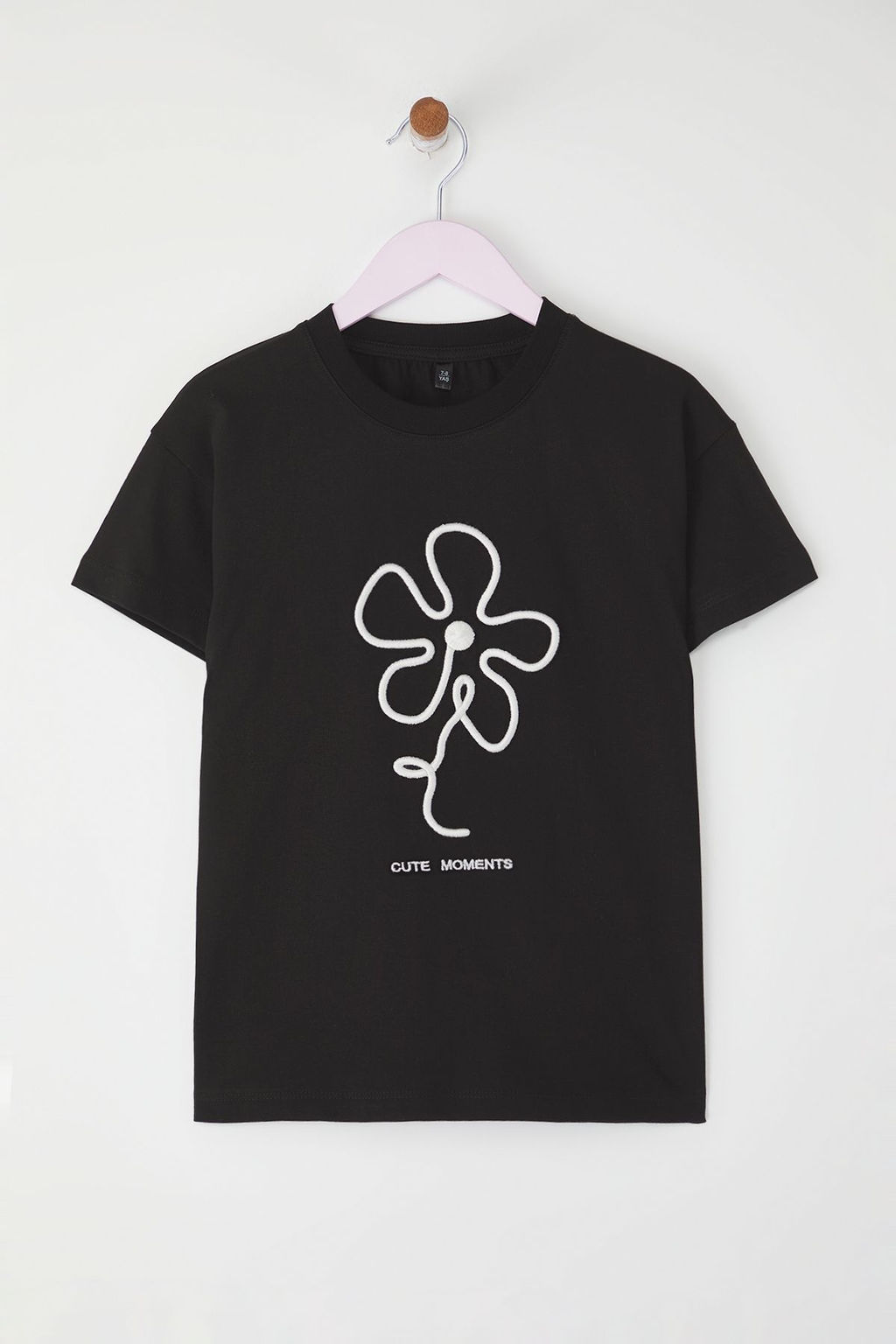 Siyah K?z Cocuk %100 Pamuk Cicek Nak?sl? K?sa Kol Orme T-Shirt TKDSS25TS00104