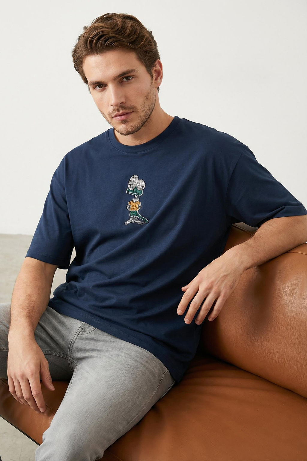 TRENDYOL MAN Mavi Oversize/Genis Kesim Nak?s Detayl? %100 Pamuk T-Shirt TMNSS25TS00199 - Trendyolmilla фото 19