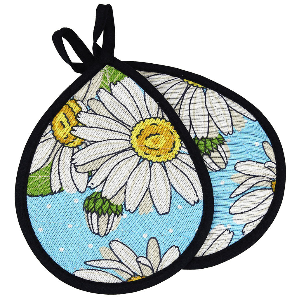 Кухонный комплект Душистая ромашка, вид 4: прихватка 18х20см форма Капелька - 2шт, рогожка 171г/м2, хлопок 100%, наполнитель - ватин 280г/м2, на пластмассовом подвесе, Домашняя мода (Россия)  фото 2