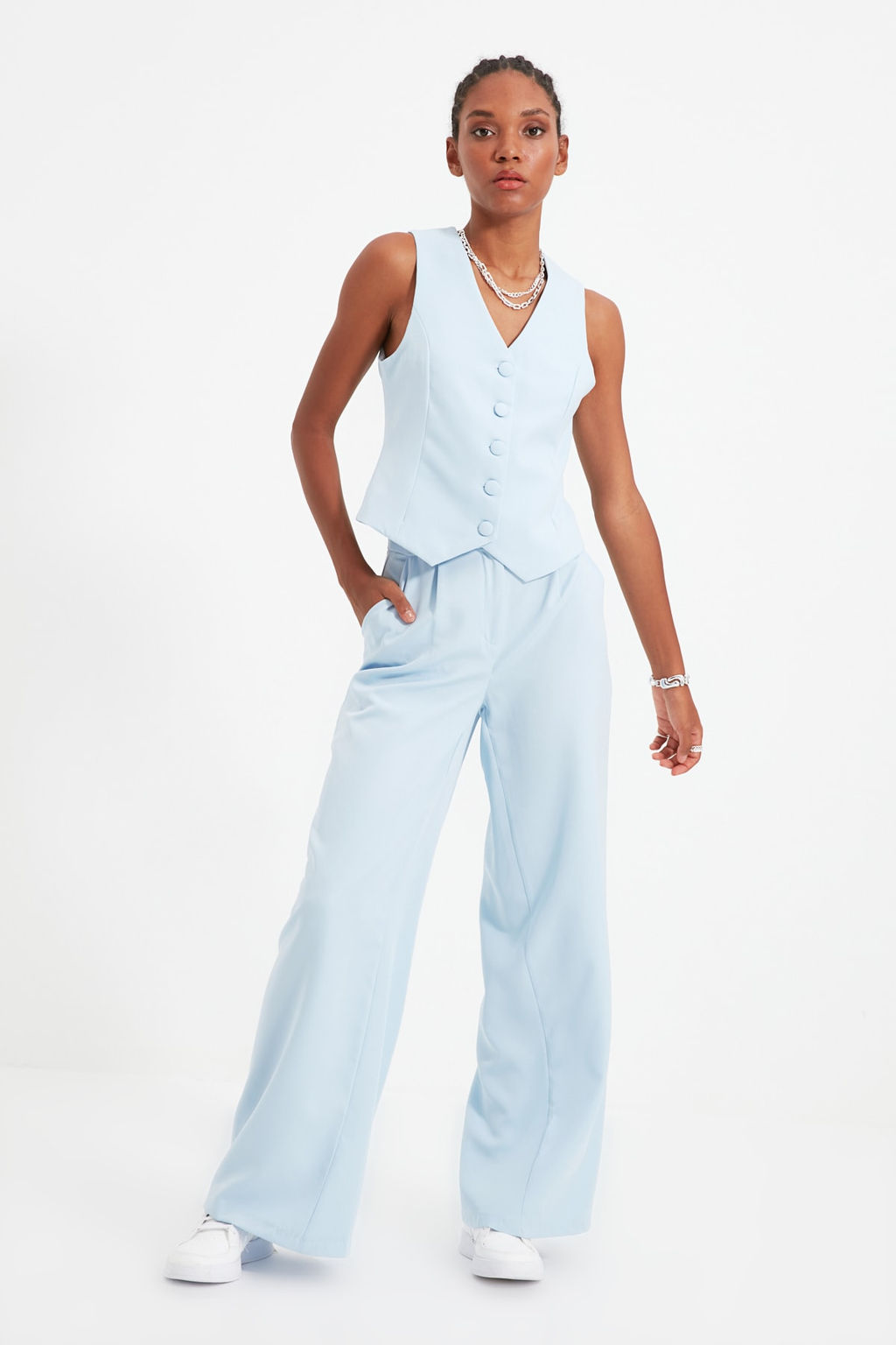 Ac?k Mavi Fitted Dugmeli Crop Dokuma Yelek TWOSS21YE0009
