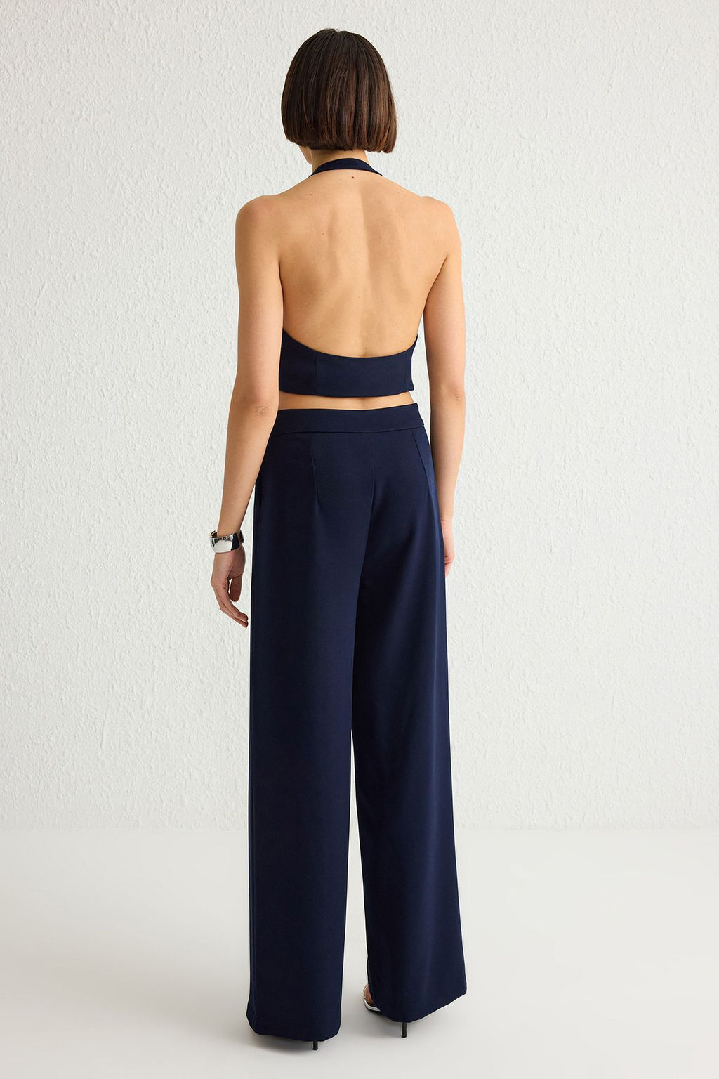 Koyu Lacivert Wide Leg/Genis Paca Pilili Dokuma Pantolon TWOSS21PL0189