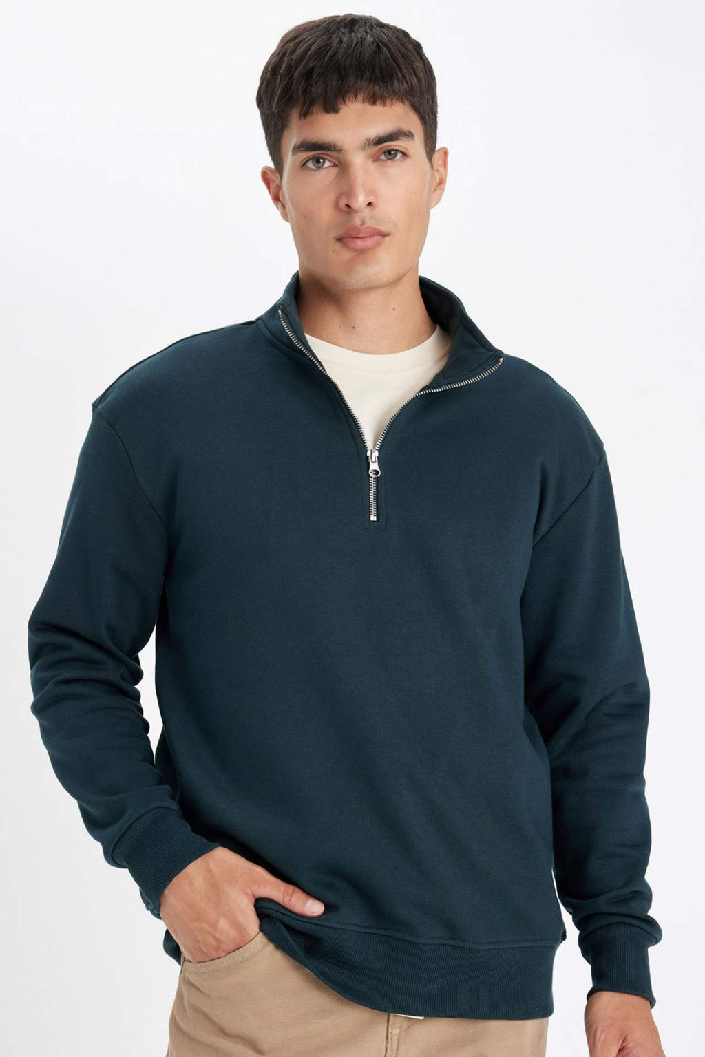 Comfort Regular Fit Rahat Kal?p Dik Yaka Fermuarl? Kal?n Basic Duz Sweatshirt - Defacto фото 8