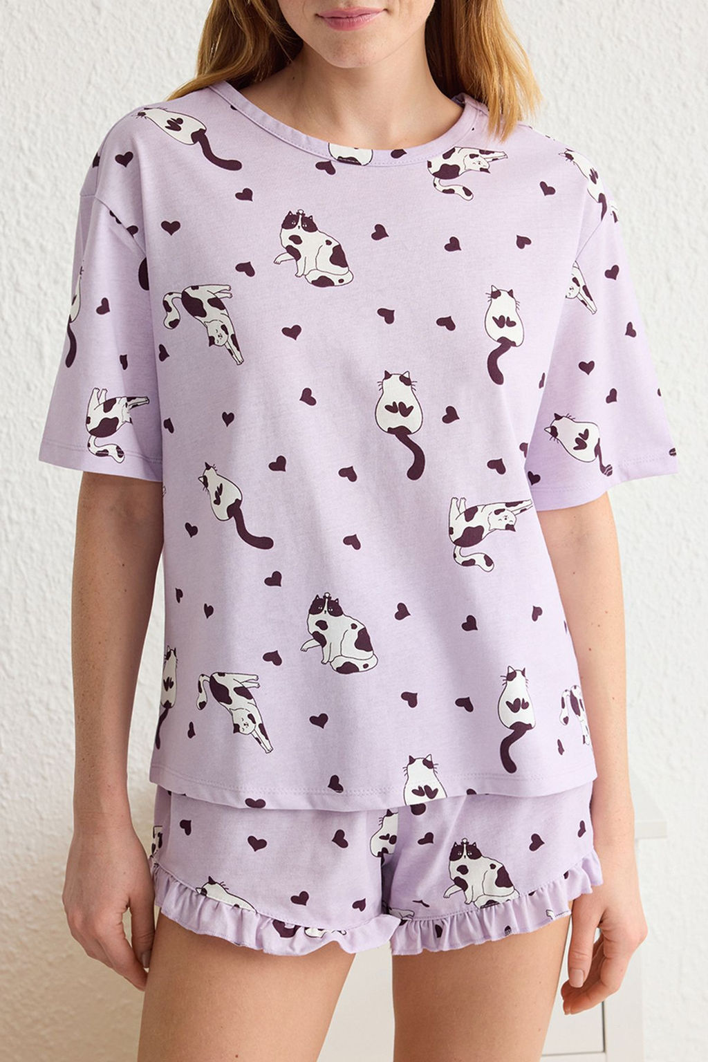Trendyolmilla Lila %100 Pamuklu Kedi ve Kalp Desenli F?rf?rl? Sortlu Orme Pijama Tak?m? THMSS25PT00071  фото 9